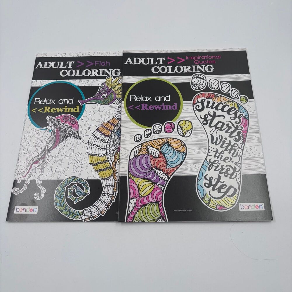 2 Bendon Adult Coloring Books Relax & Rewind Fish Inspirational Quotes New Set